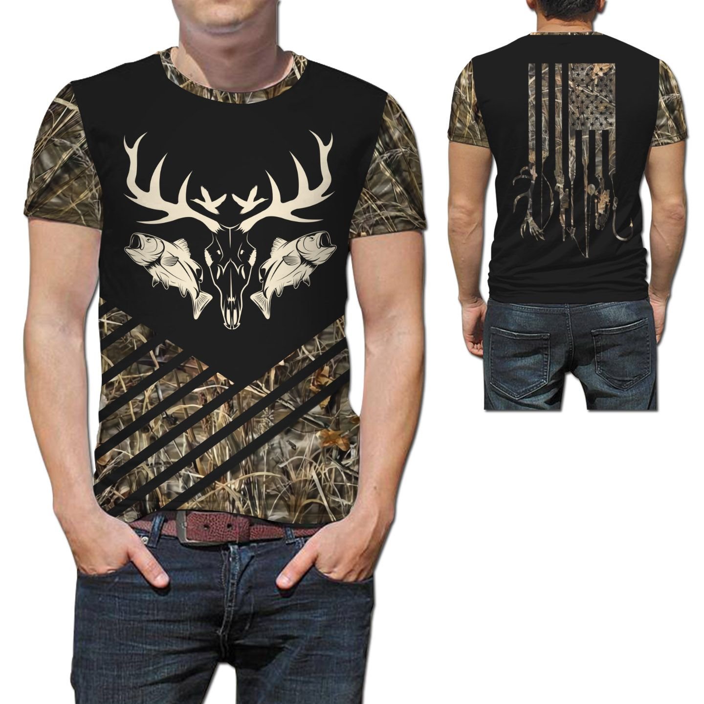 Deer Hunting and Fishing American Flag Camo Fabric T Shirt For Hunter Fishermann