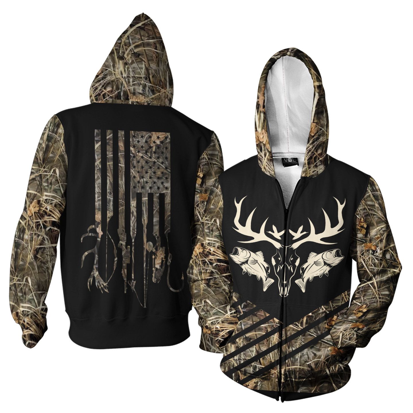 Deer Hunting and Fishing American Flag Camo Fabric Zip Hoodie T Shirt For Hunter Fishermann