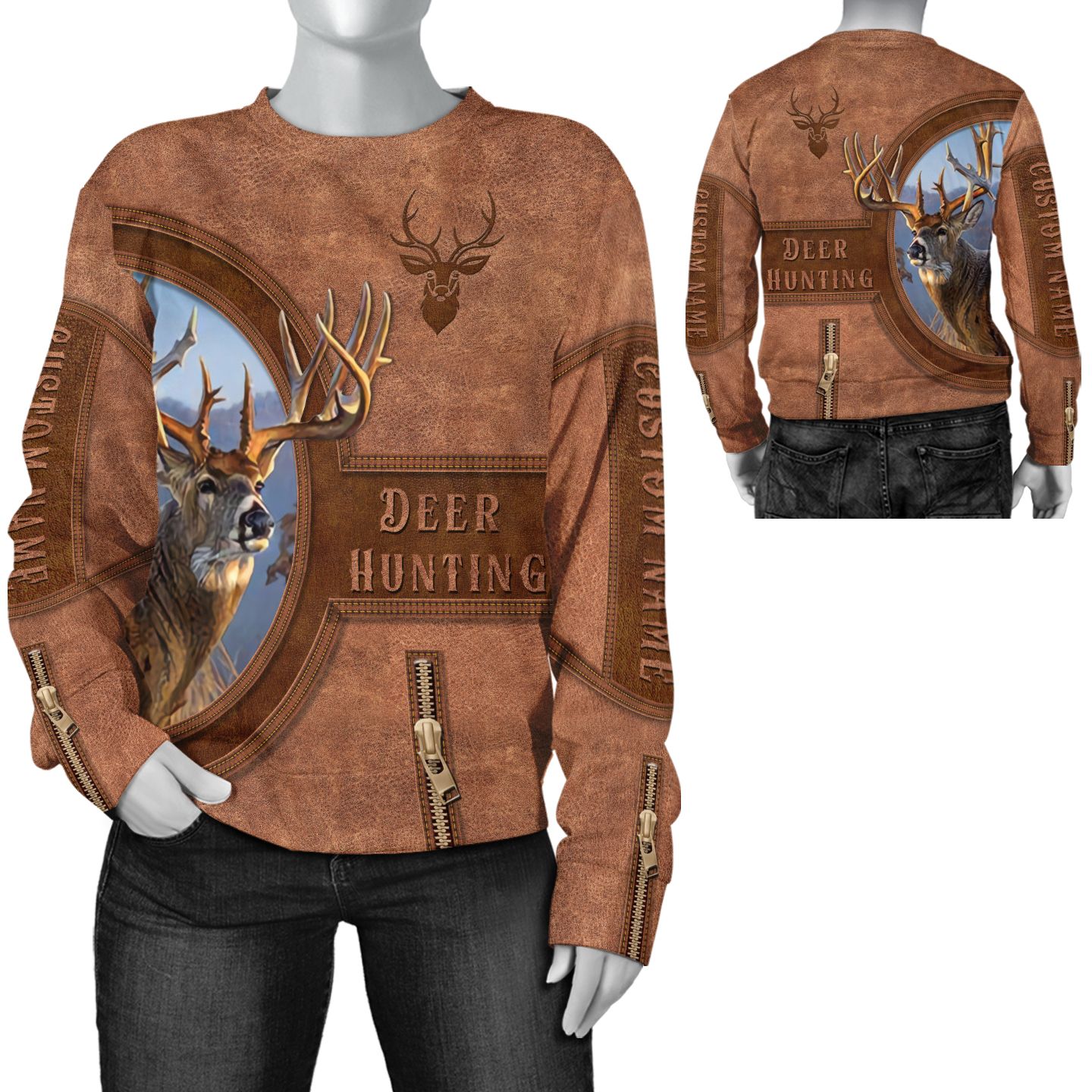 Deer Hunting Weathered Old Leather Illustration Custom Name 3D Long Sleeve Tee Shirt Design For Deer Hunters