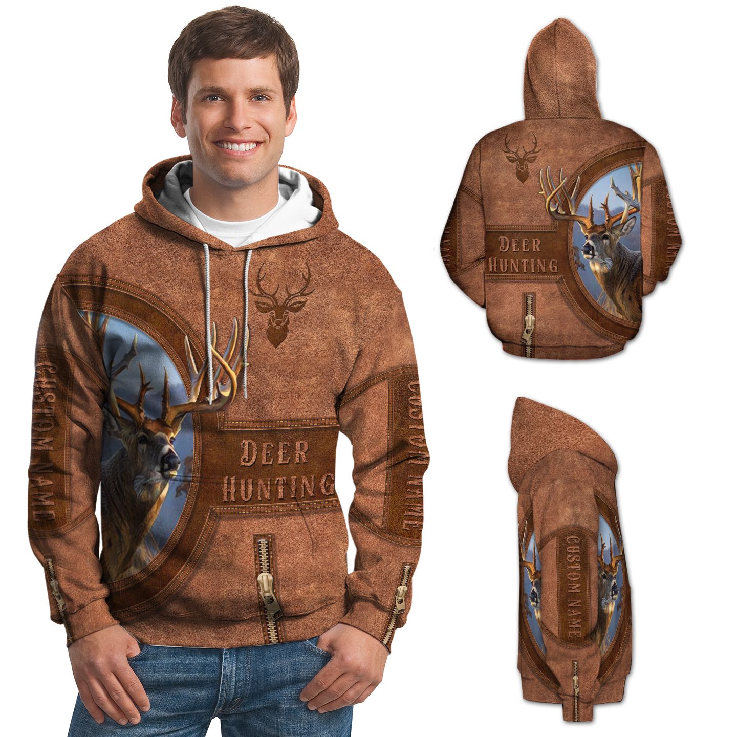 Deer Hunting Weathered Old Leather Illustration Custom Name 3D Hoodie Shirt Design For Deer Hunters