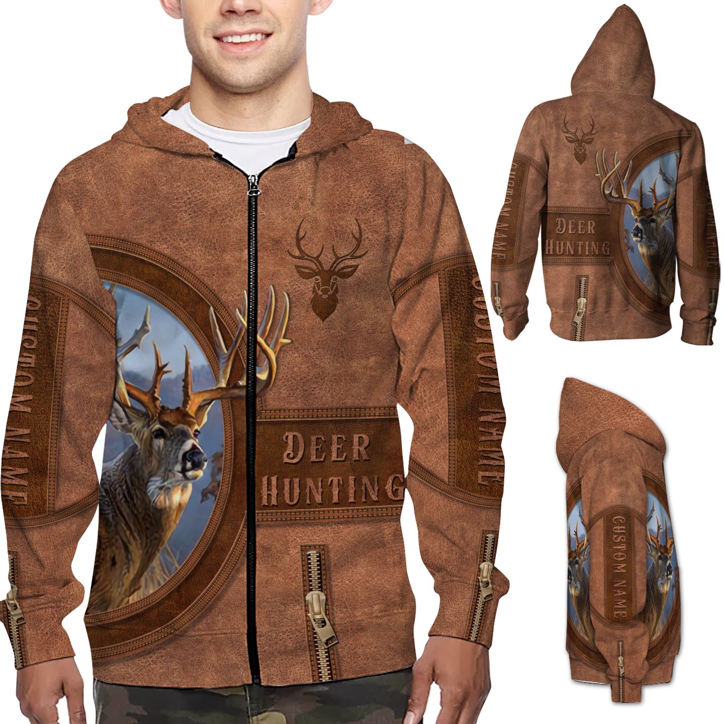 Deer Hunting Weathered Old Leather Illustration Custom Name 3D Zip Hoodie Shirt Design For Deer Hunters