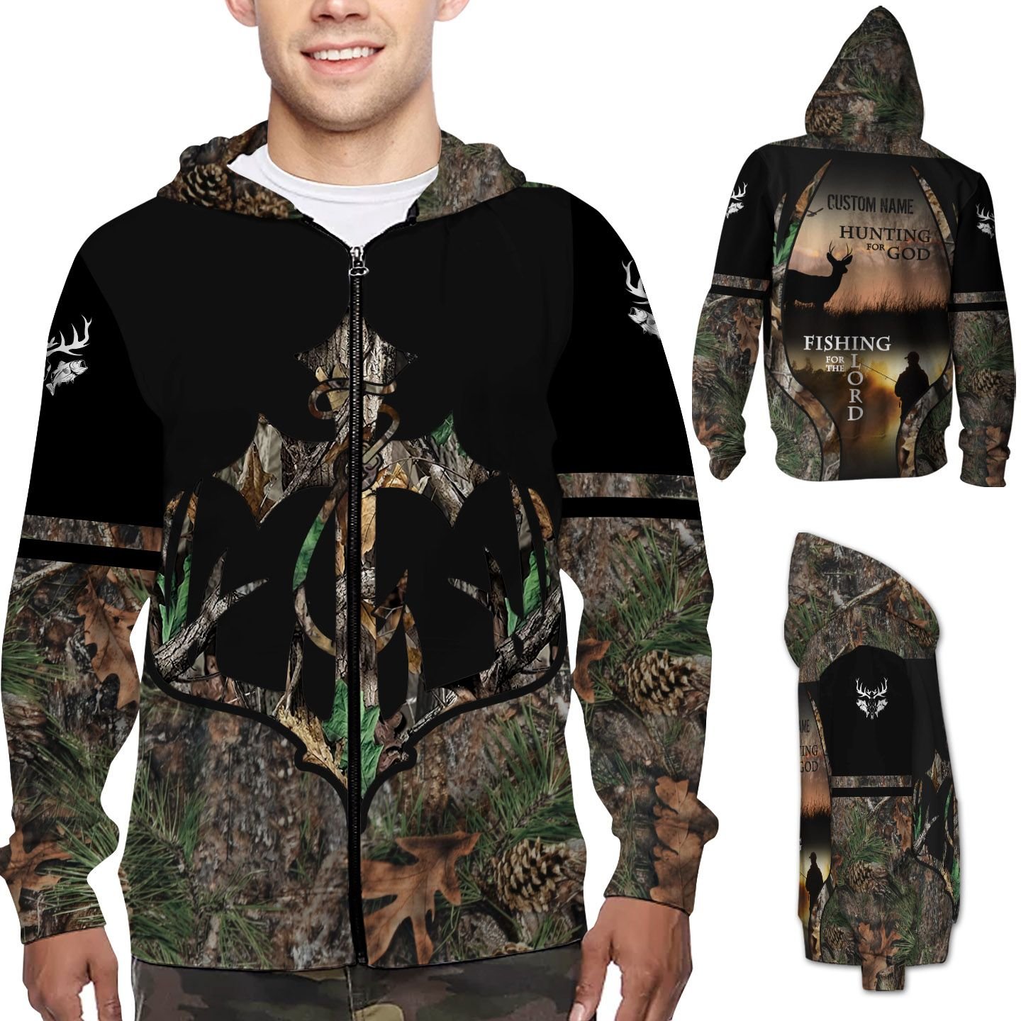 Custom Name Hunting Fishing For Jesus, God And The Lord Zip Hoodie T Shirt Personalized Gift For Hunter And Fisherman