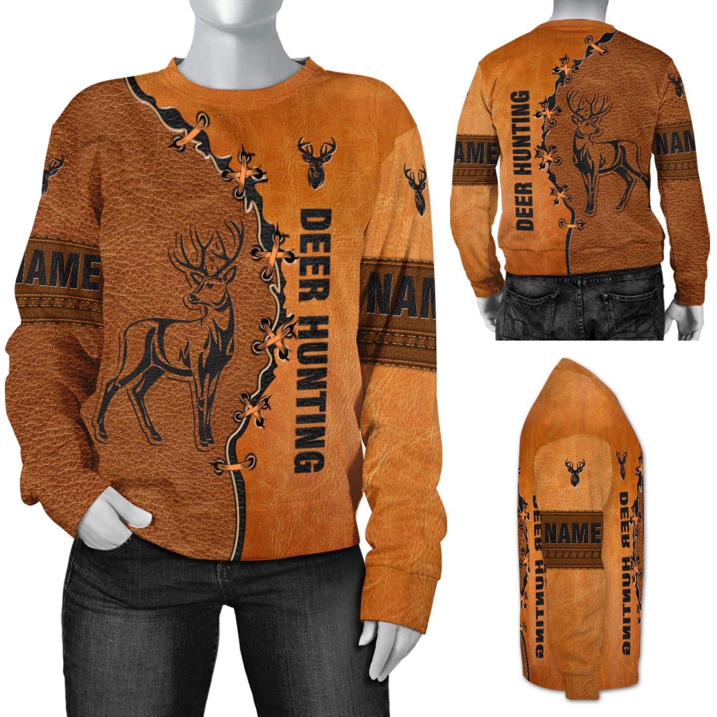 Deer Hunting Leather Illustration Criss-Cross Design Custom Name 3D Long Sleeve Tee Shirt For Deer Hunters