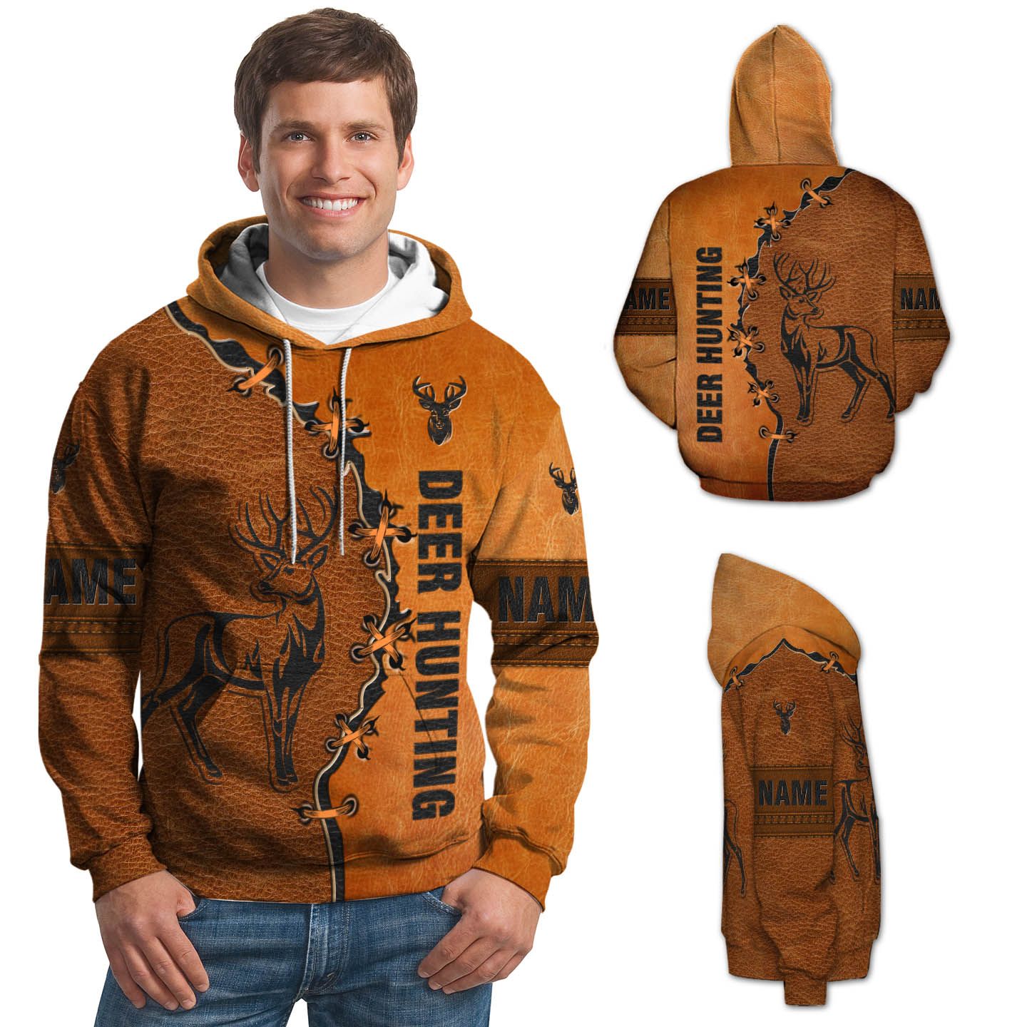 Deer Hunting Leather Illustration Criss-Cross Design Custom Name 3D Hoodie Shirt For Deer Hunters