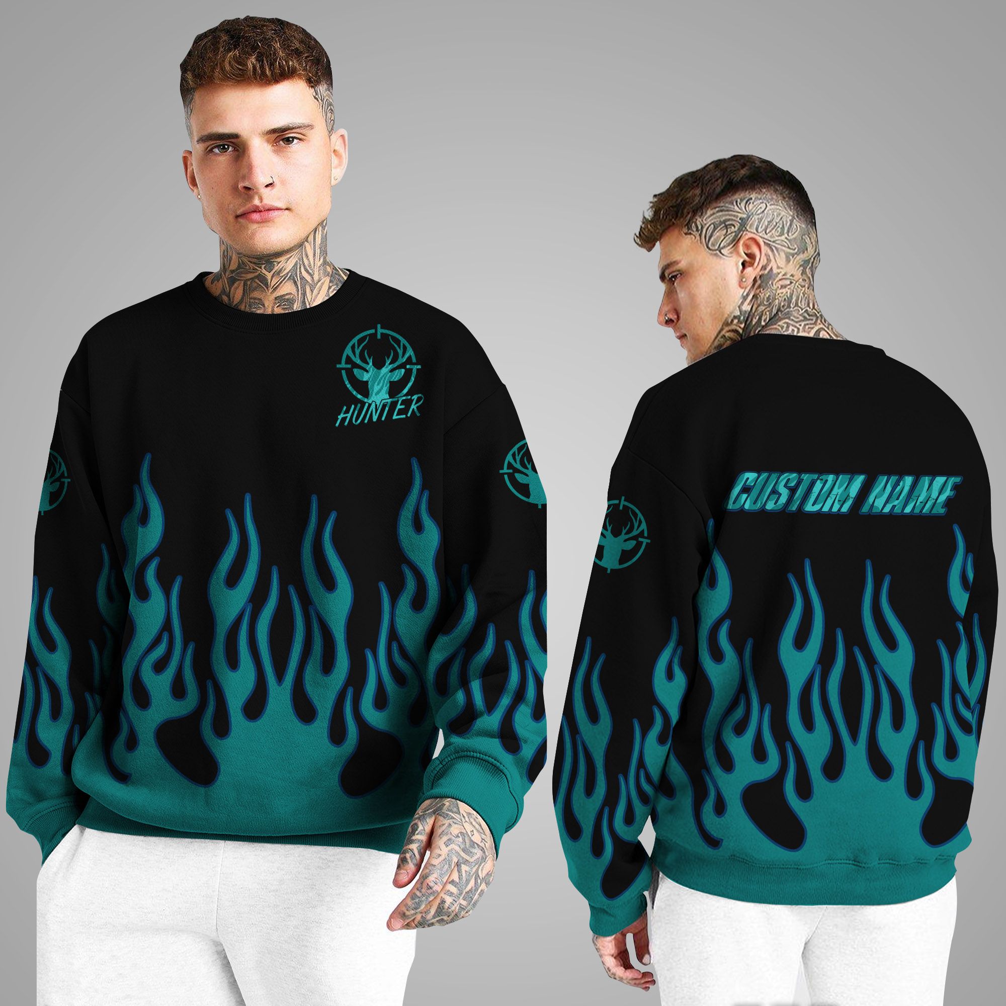 Hunter Vintage Green Flame Custom Name 3D Long Sleeve Tee Shirt For Deer Hunting Lovers