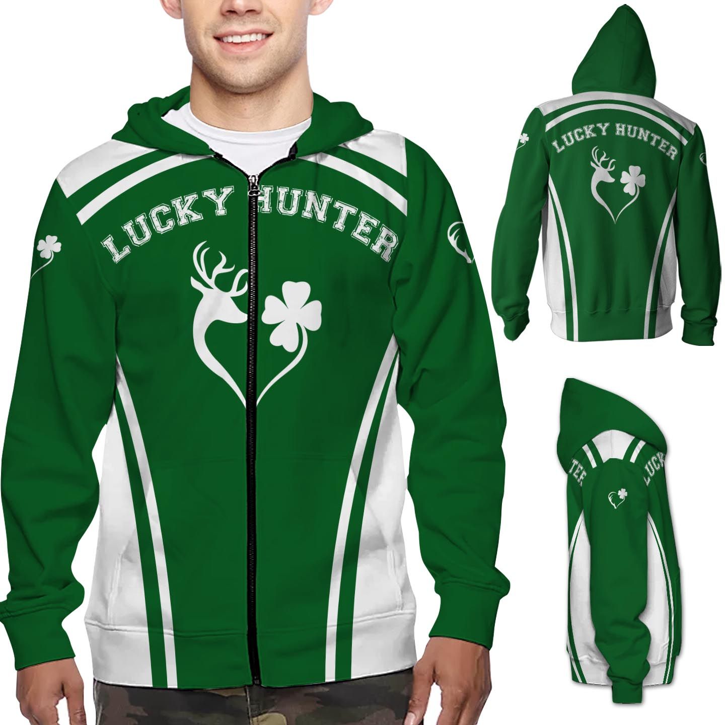 Lucky Hunter 3D Zip Hoodie For Deer Hunting Lovers On St. Patrick’s Day