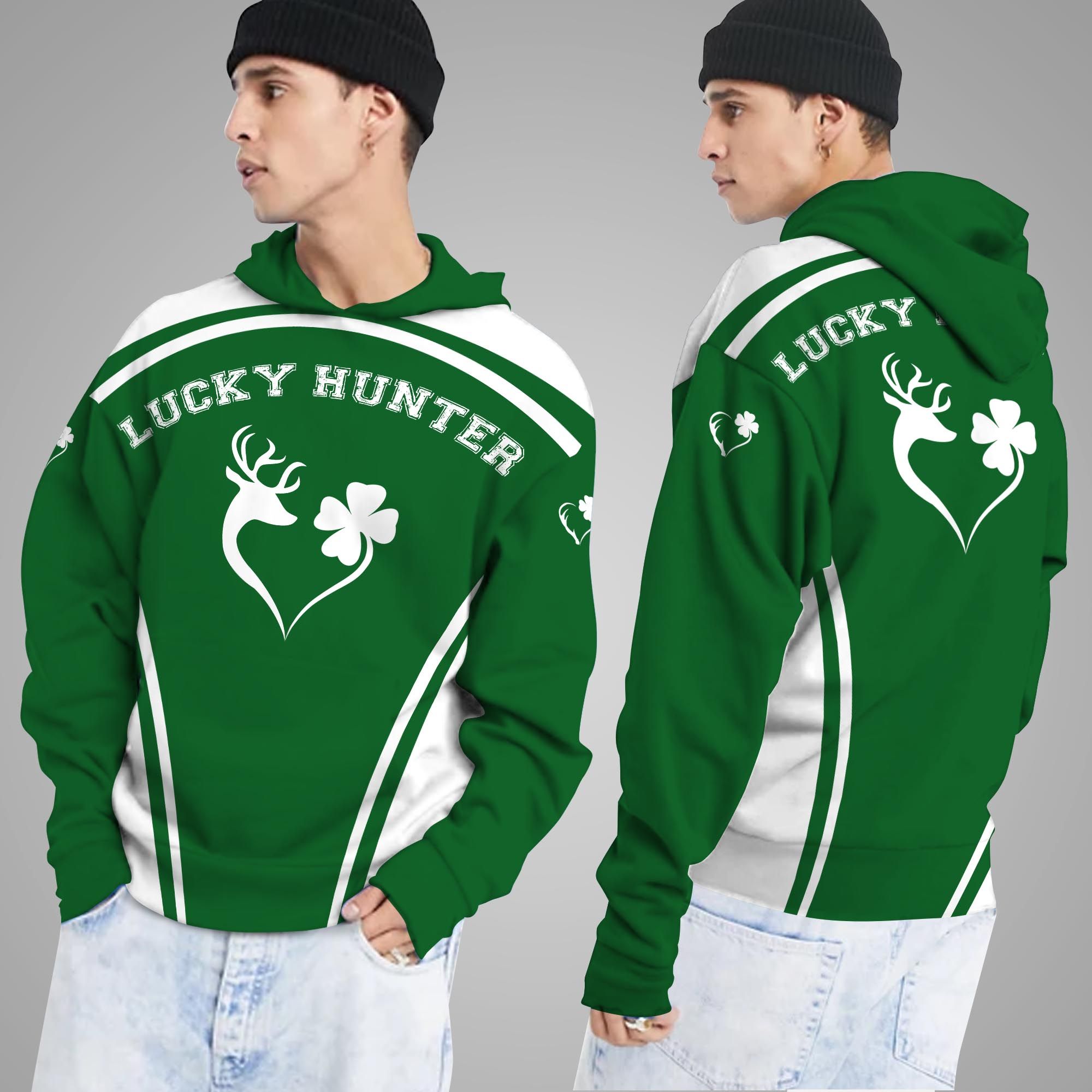 Lucky Hunter 3D Hoodie Shirt For Deer Hunting Lovers On St. Patrick’s Day