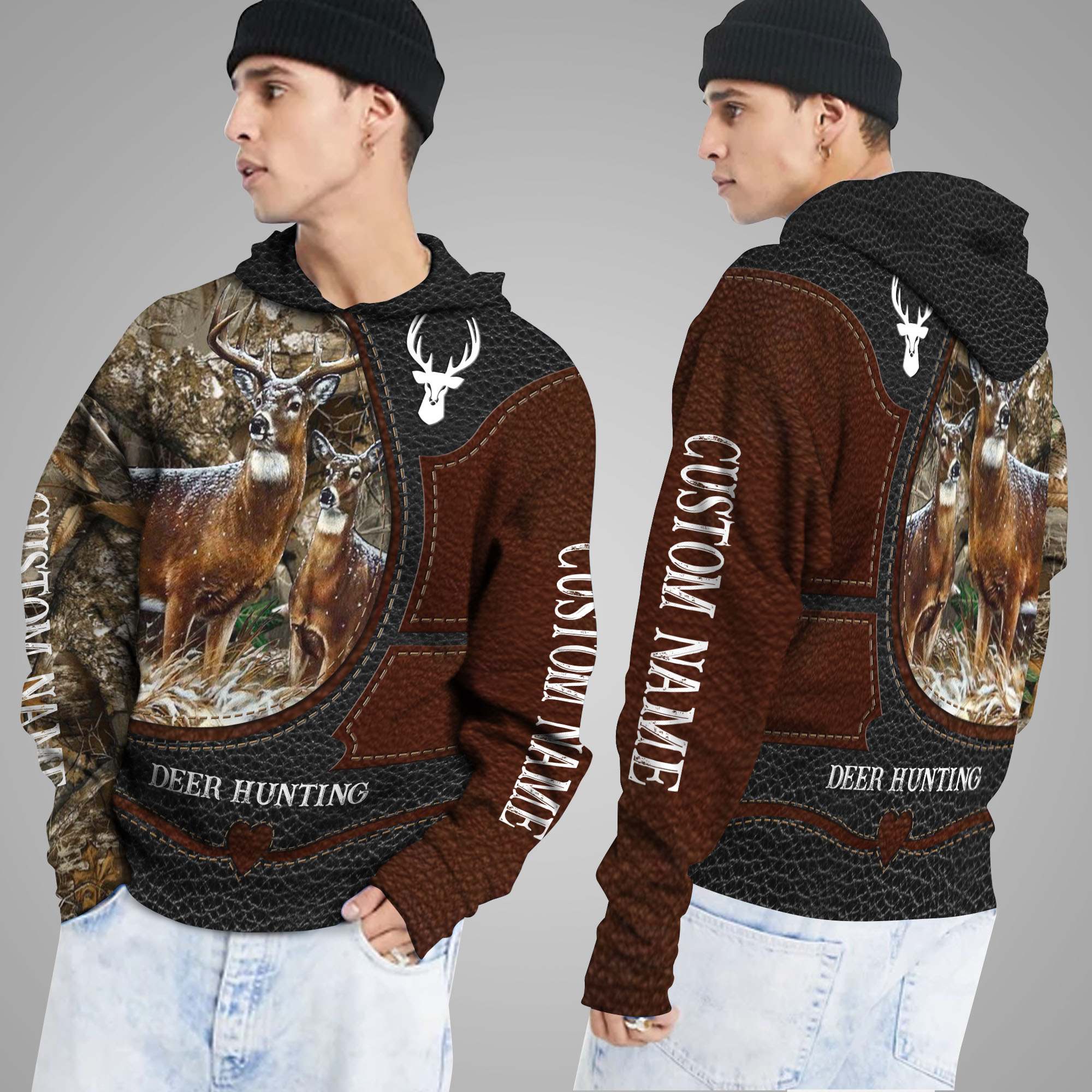 Deer Hunting Leather Camouflage Custom Name 3D Hoodie Shirt For Hunters In Daily Life