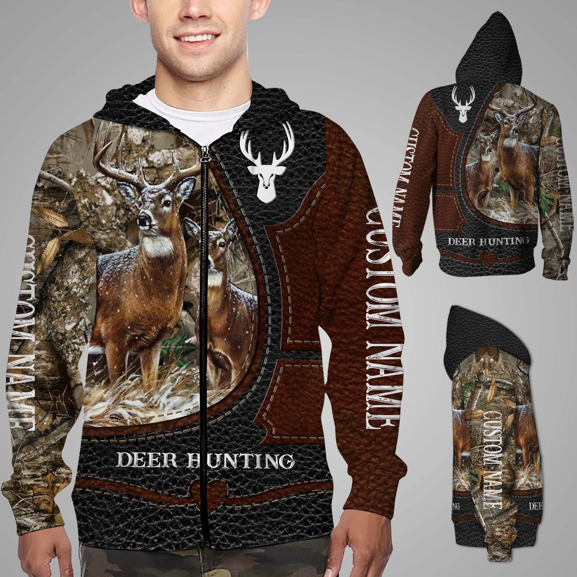 Deer Hunting Leather Camouflage Custom Name 3D Zip Hoodie Shirt For Hunters In Daily Life