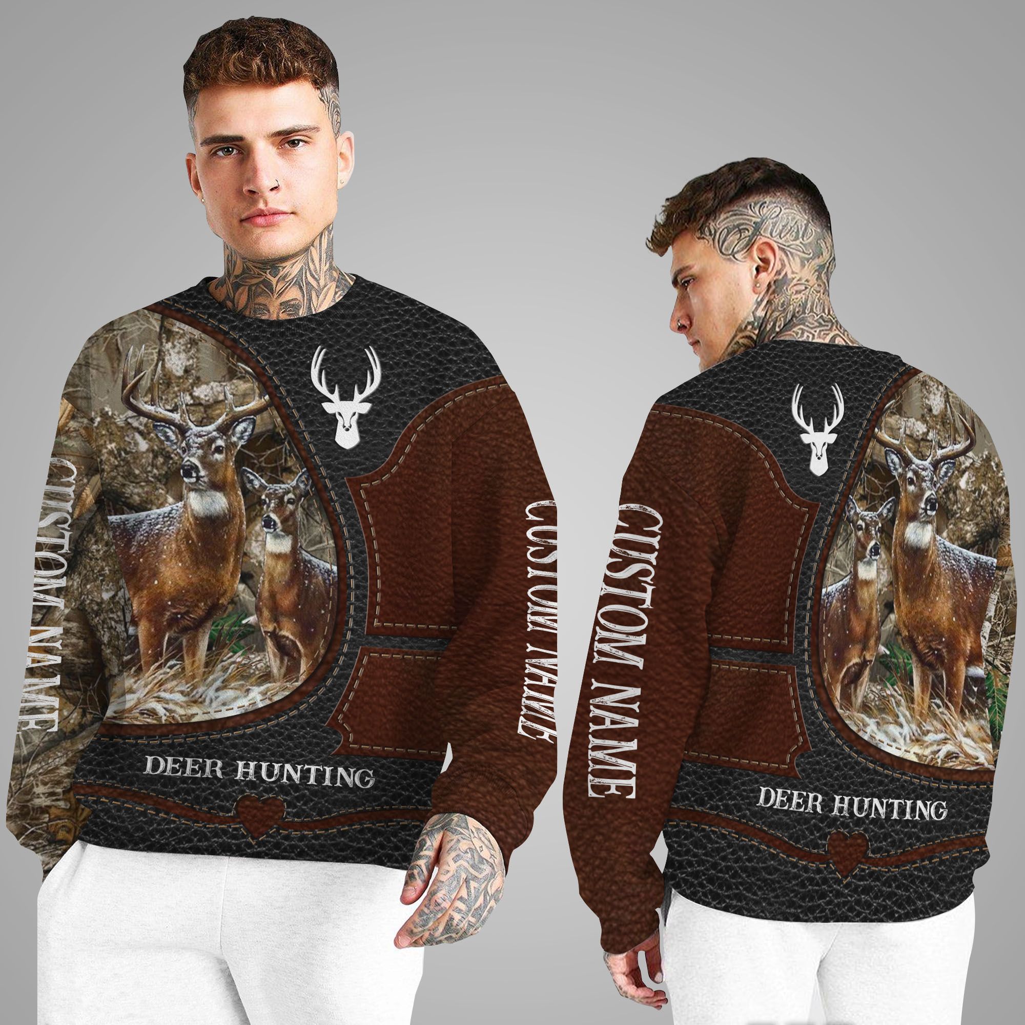 Deer Hunting Leather Camouflage Custom Name 3D Long Sleeve Shirt For Hunters In Daily Life