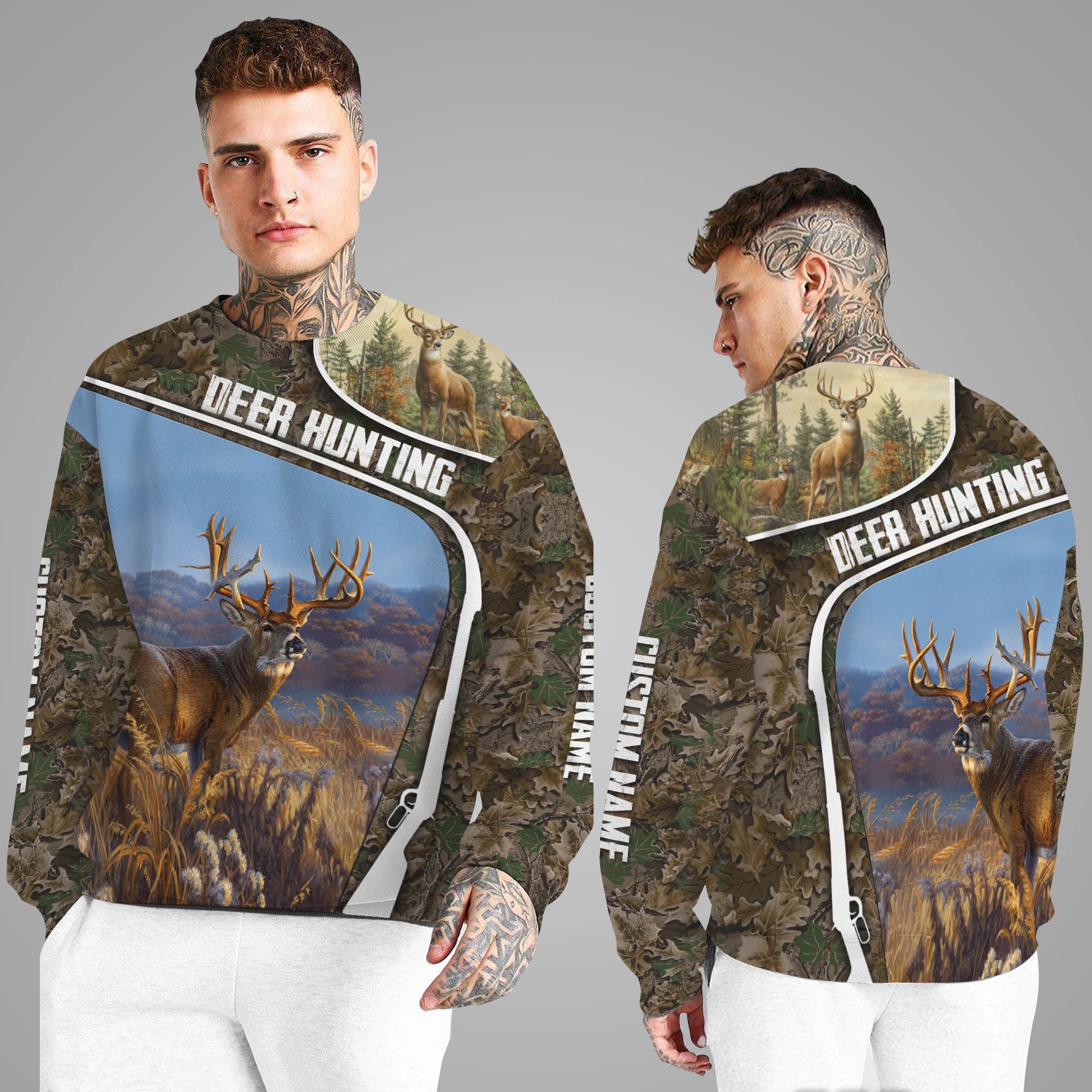 Deer Hunting Leaves Pattern Custom Name 3D Long Sleeve Shirt For Hunting Lovers