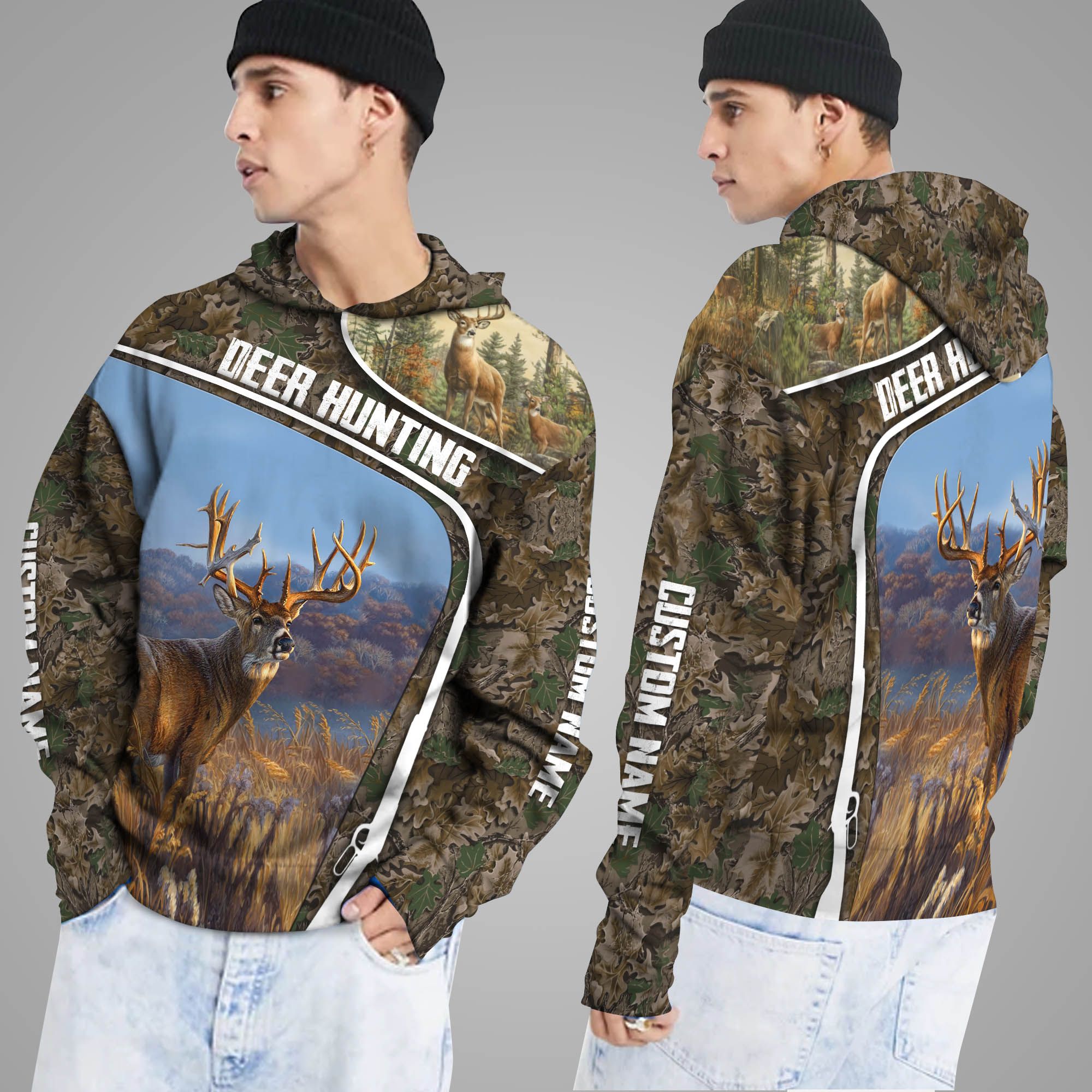 Deer Hunting Leaves Pattern Custom Name 3D Hoodie Shirt For Hunting Lovers