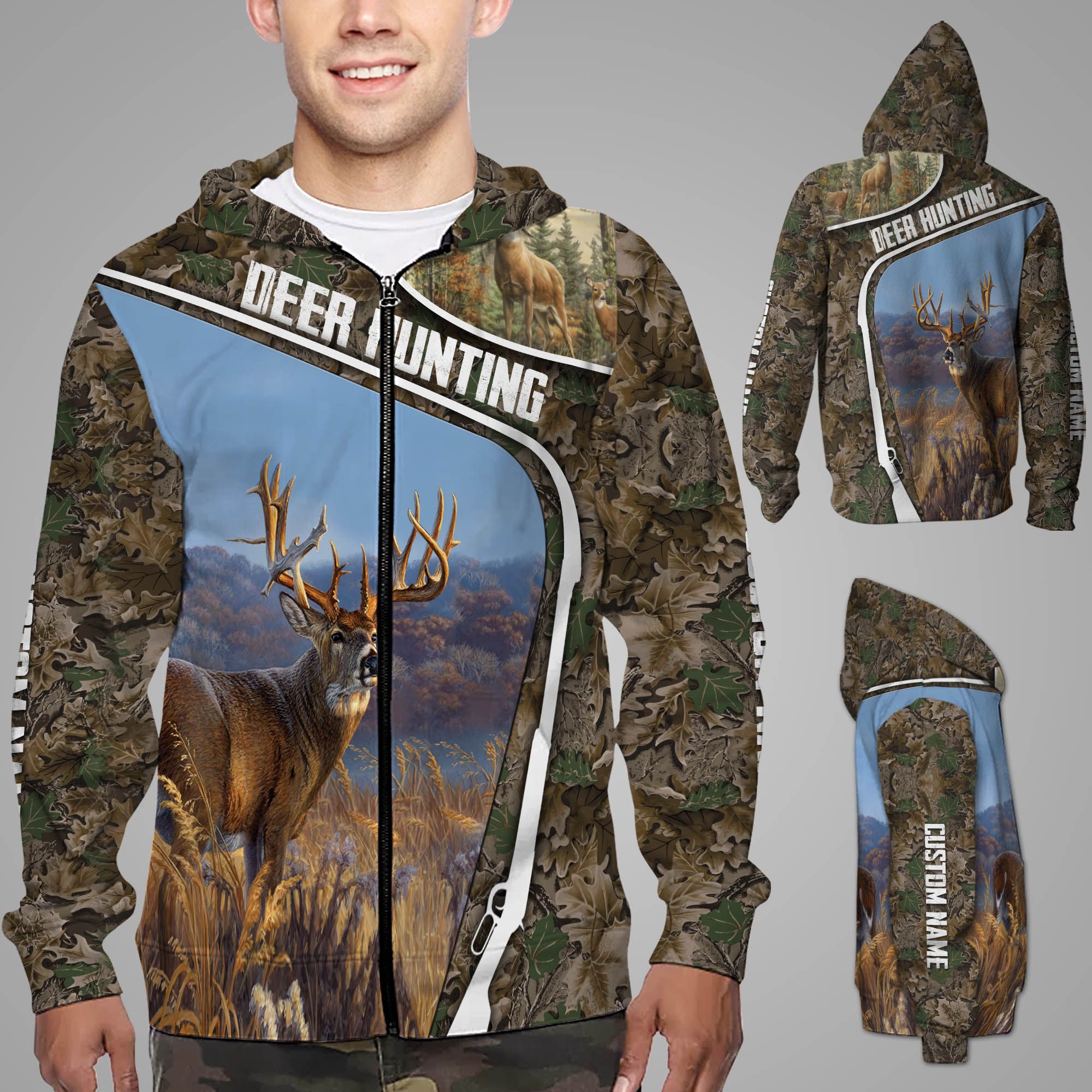 Deer Hunting Leaves Pattern Custom Name 3D Zip Hoodie Shirt For Hunting Lovers