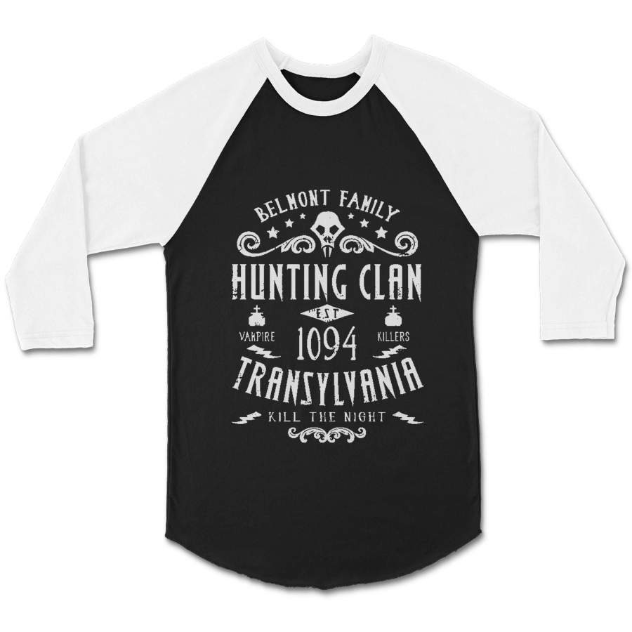 Classic Nes Video Game Inspired Castlevania Simon Belmont Hunting Clan CPY Unisex 3/4 Sleeve Baseball Tee T-Shirt