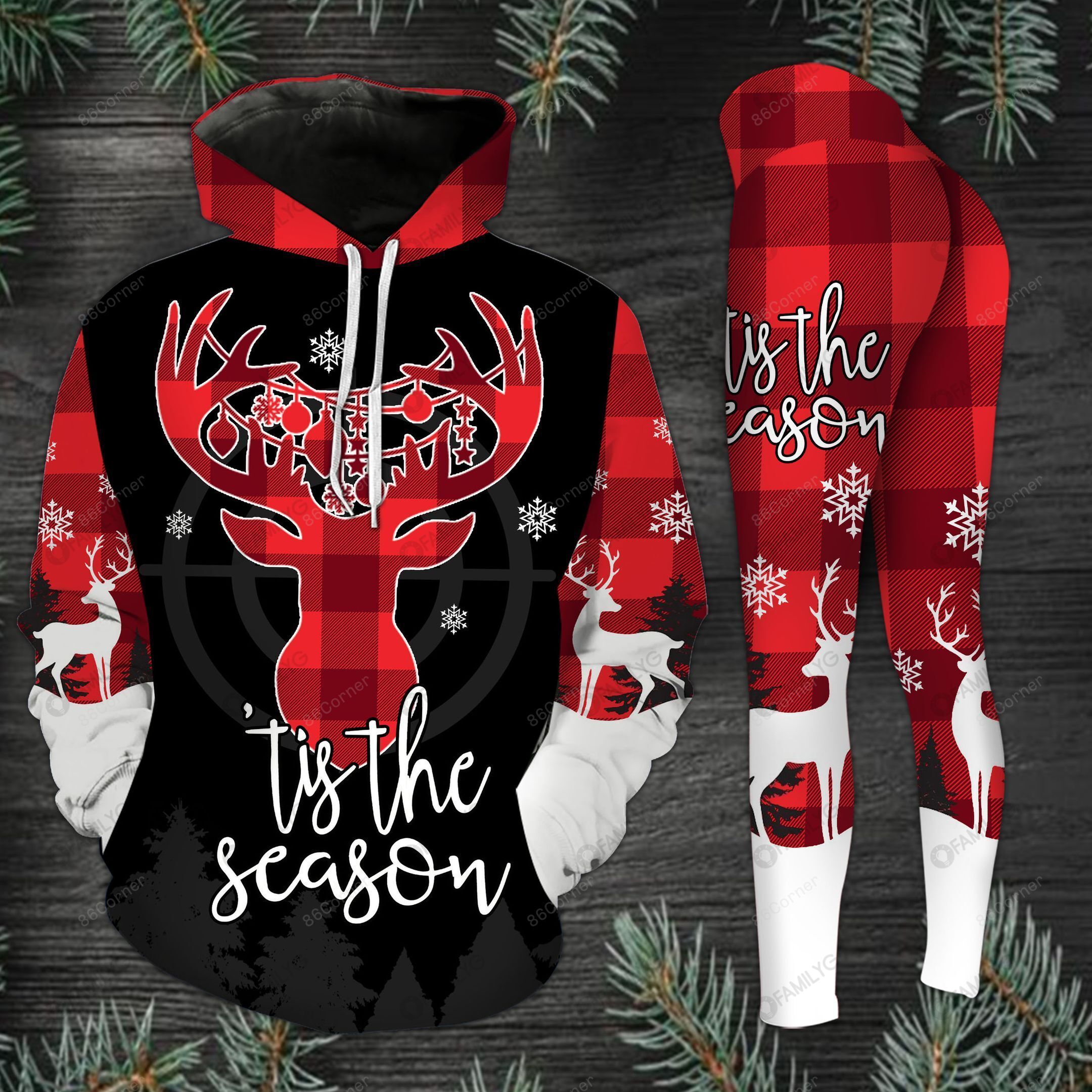 Deer Hunting Christmas Red Plaid Legging and Hoodie Set