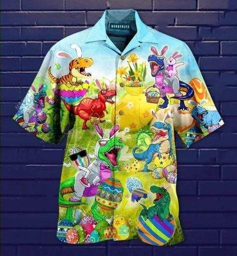 Hawaiian Aloha Shirts Happy Easter T Rexes Wanna Joint Eggs Hunting