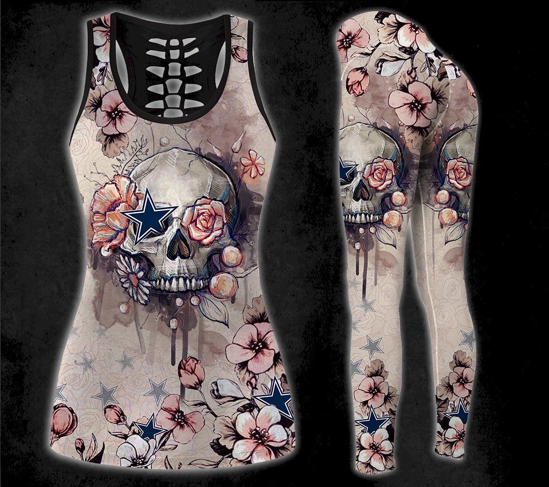 Combo Dallas Cowboys Skull Flower Hollow Tanktop Leggings Set K1536