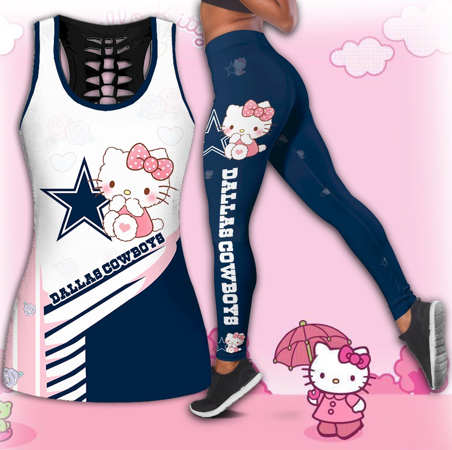 Combo Dallas Cowboys Hello Kitty Hollow Tanktop Leggings set K1645