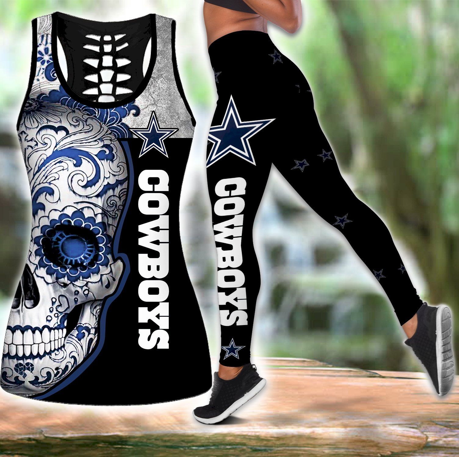 Combo Dallas Cowboys Skull Hollow Tanktop Leggings Set OUTFIT B1035