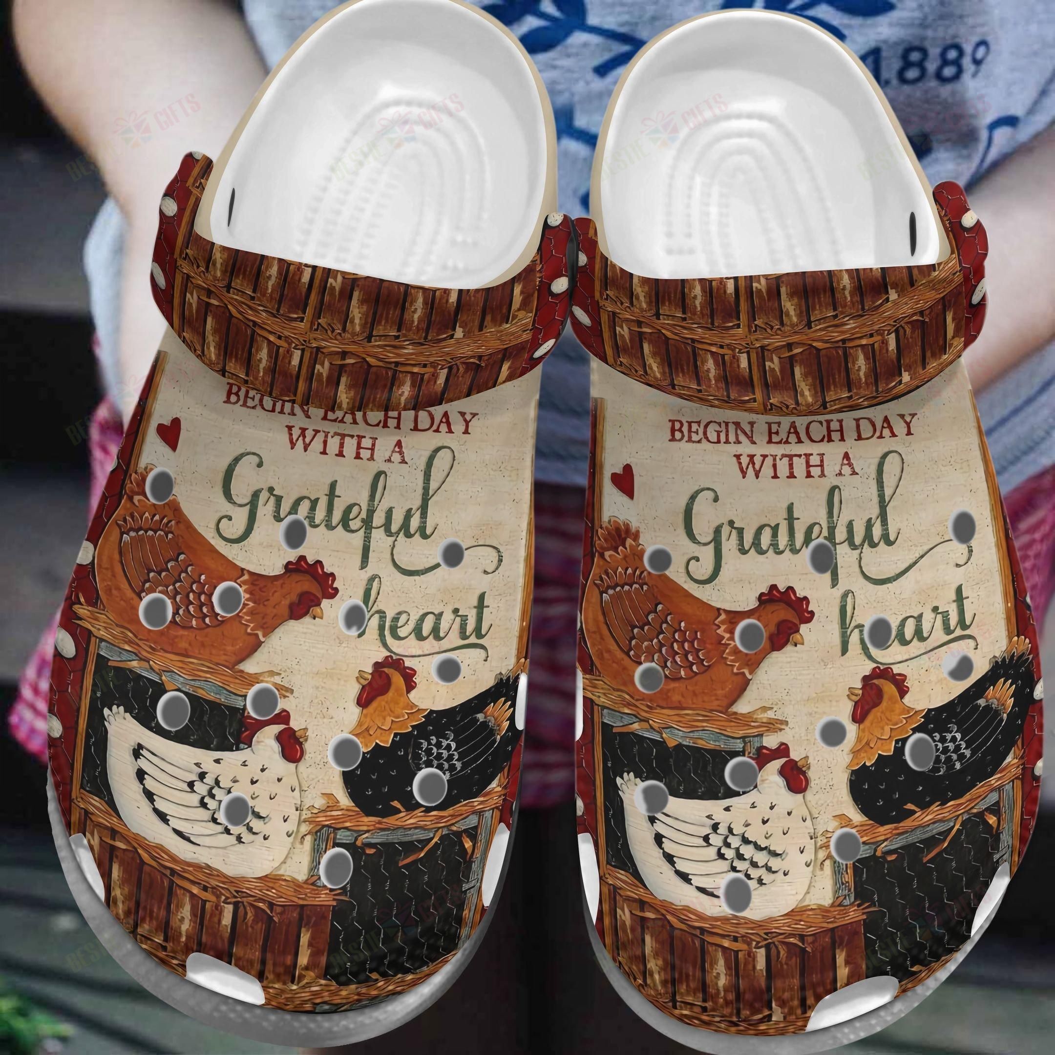 Chicken Crocs Classic Clog Whitesole Begin Each Day With A Grateful Heart Shoes