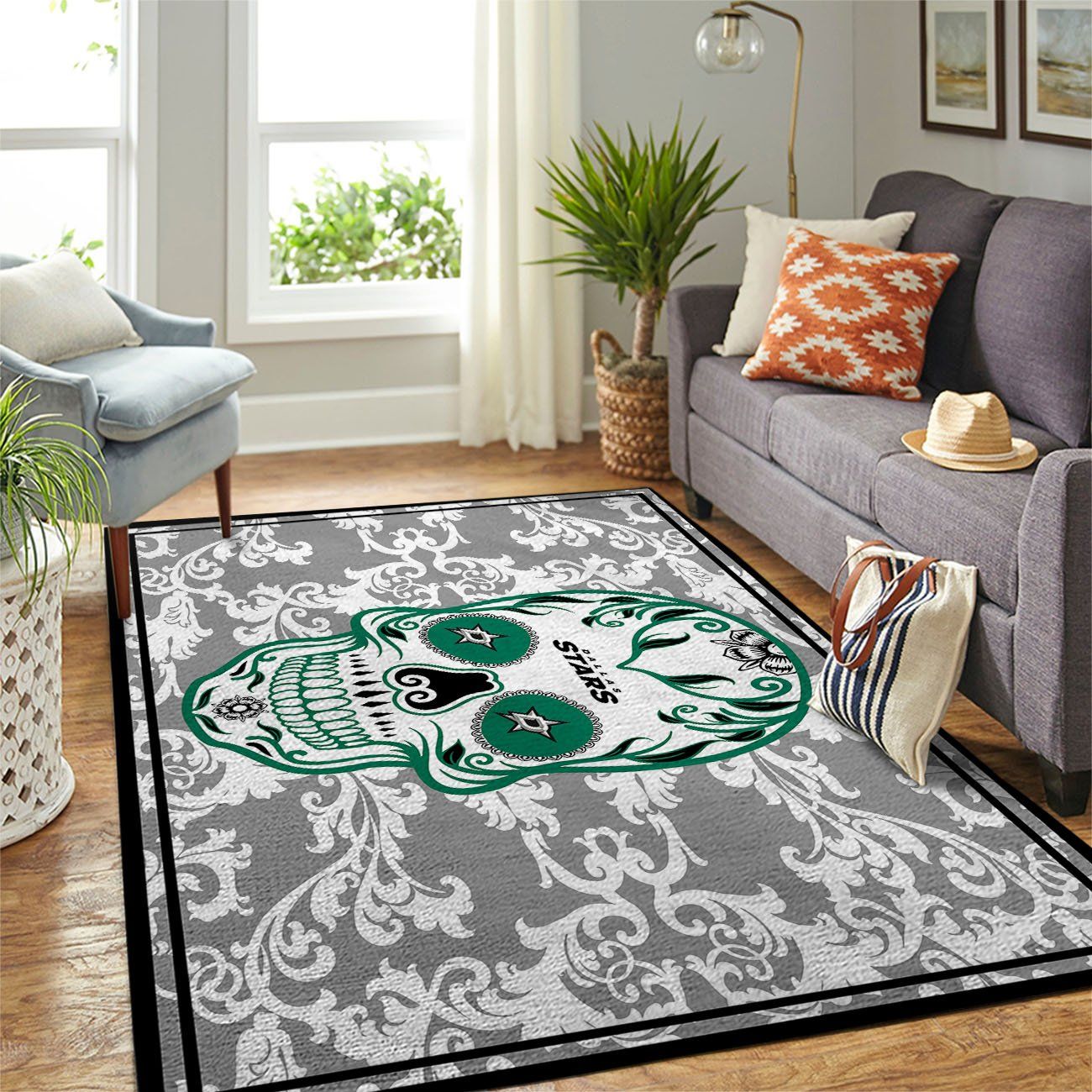 Dallas Stars Team Logo Skull Flower Style Nice Gift Home Decor Rectangle Area Rug