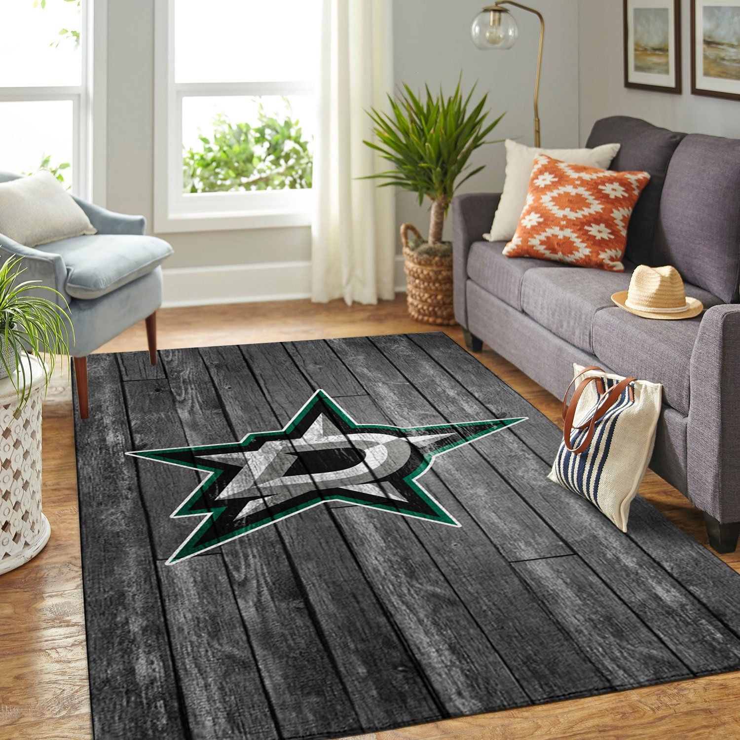 Dallas Stars Team Logo Grey Wooden Style Nice Gift Home Decor Rectangle Area Rug