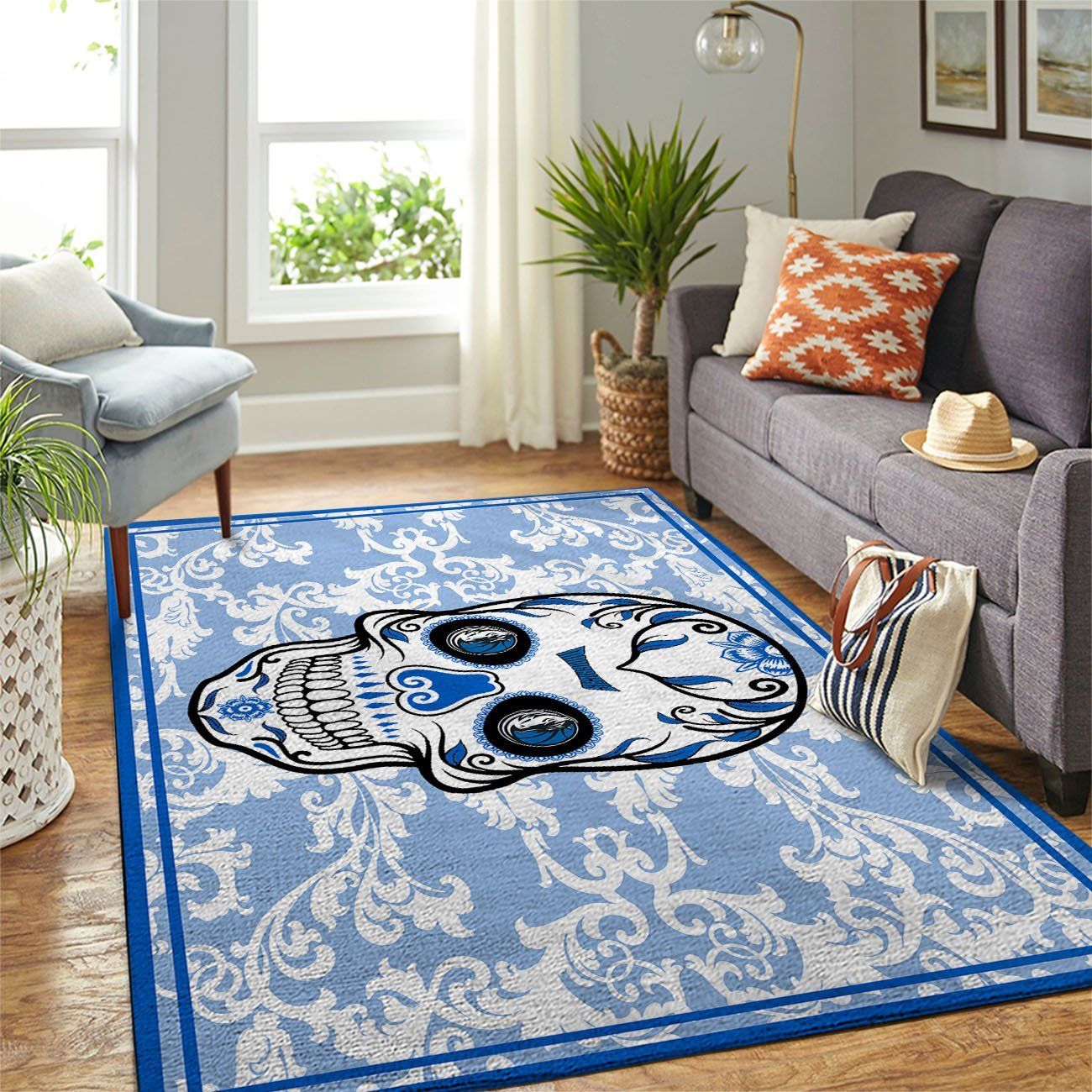 Dallas Mavericks Team Logo Skull Flower Style Nice Gift Home Decor Rectangle Area Rug