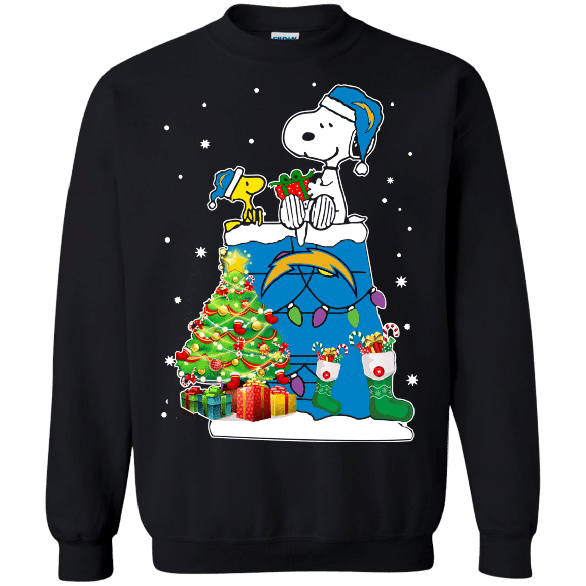 Check Out This Awesome Los Angeles Chargers Snoopy & Woodstock Christmas Shirt G180 Gildan Crewneck Pullover Sweatshirt 8 Oz.