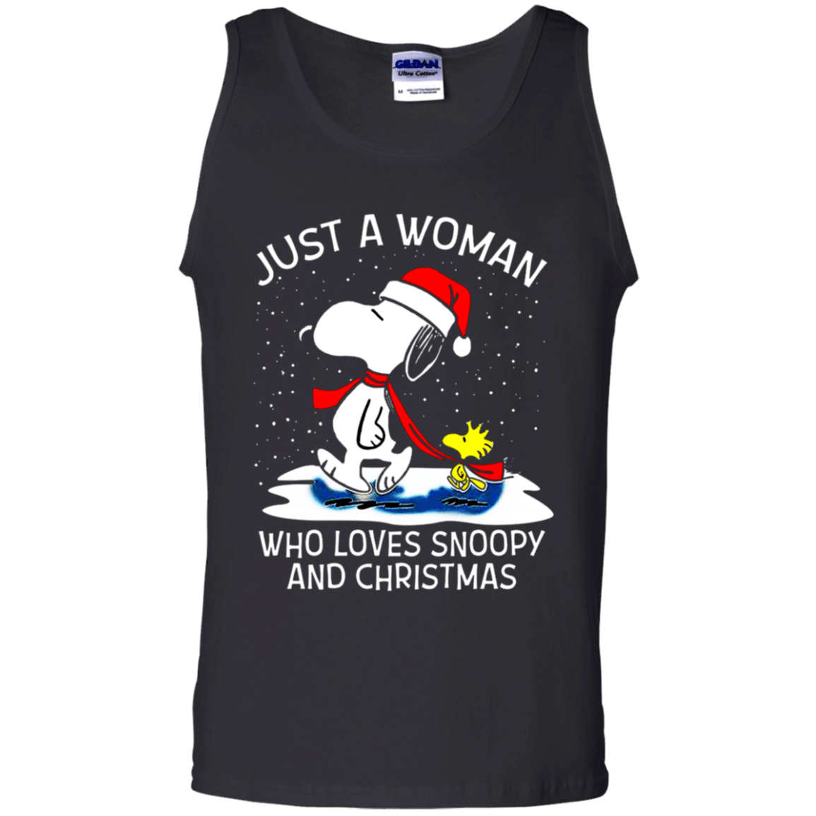 Check Out This Awesome Just A Woman Who Loves Snoopy And Christmas Shirt G220 Gildan 100% Cotton Tank Top