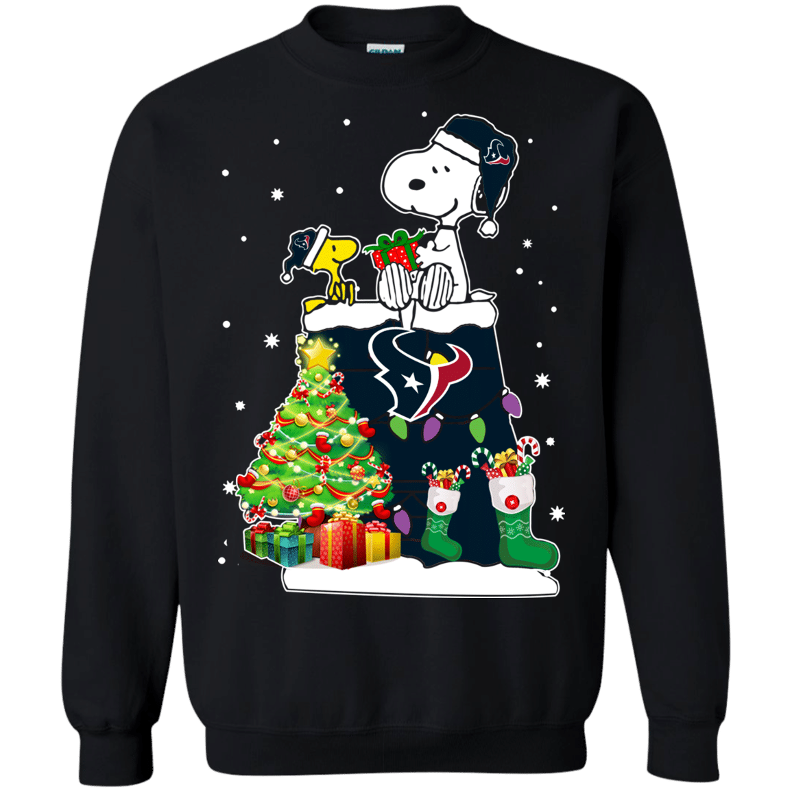 Check Out This Awesome Houston Texans Snoopy & Woodstock Christmas Shirt G180 Gildan Crewneck Pullover Sweatshirt 8 Oz.