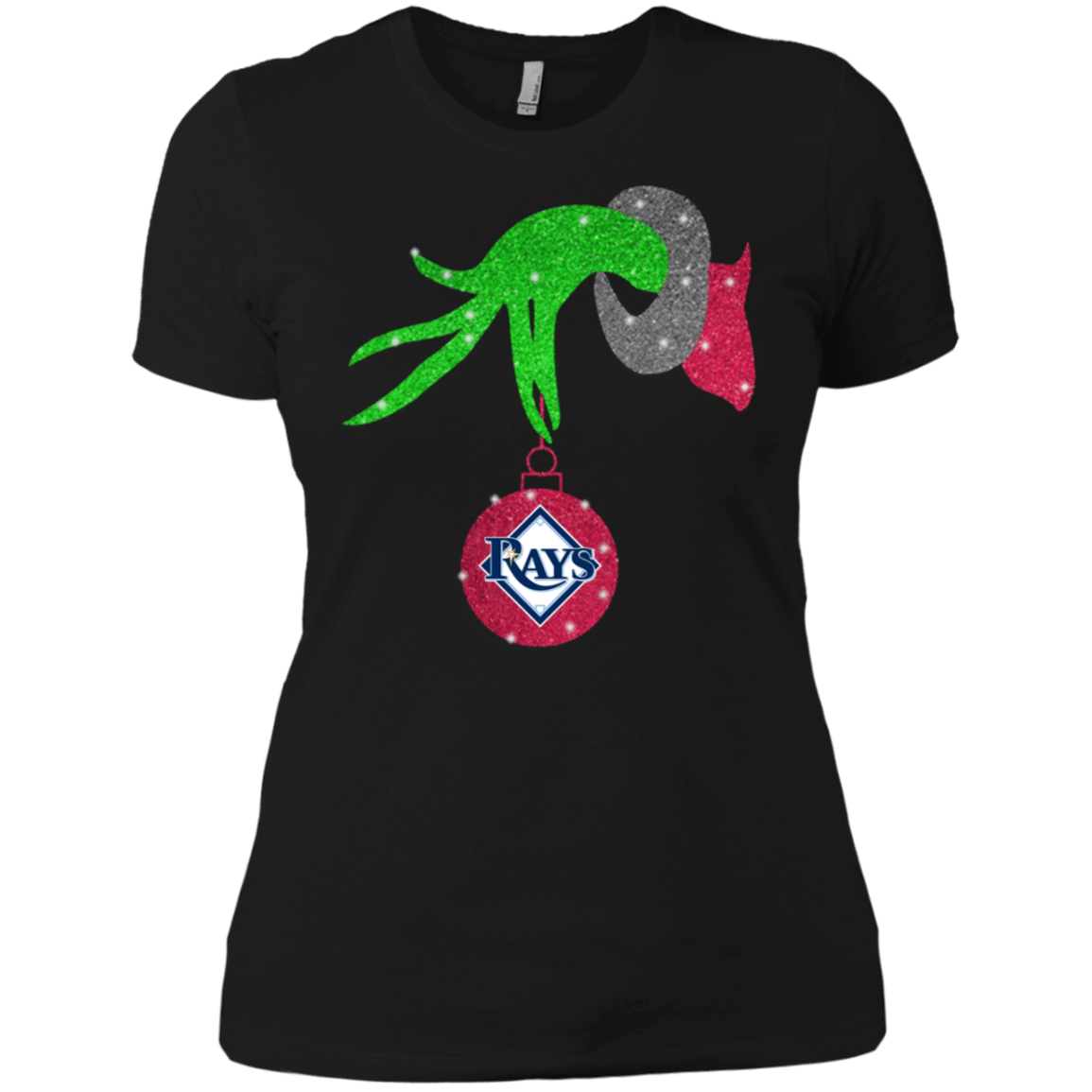 Check Out This Awesome Grinch Hand Holding Tampa Bay Rays Glitter Christmas Shirt Ladies’ Boyfriend Shirt