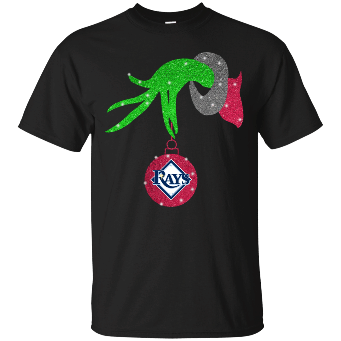 Check Out This Awesome Grinch Hand Holding Tampa Bay Rays Glitter Christmas Shirt Cotton Shirt