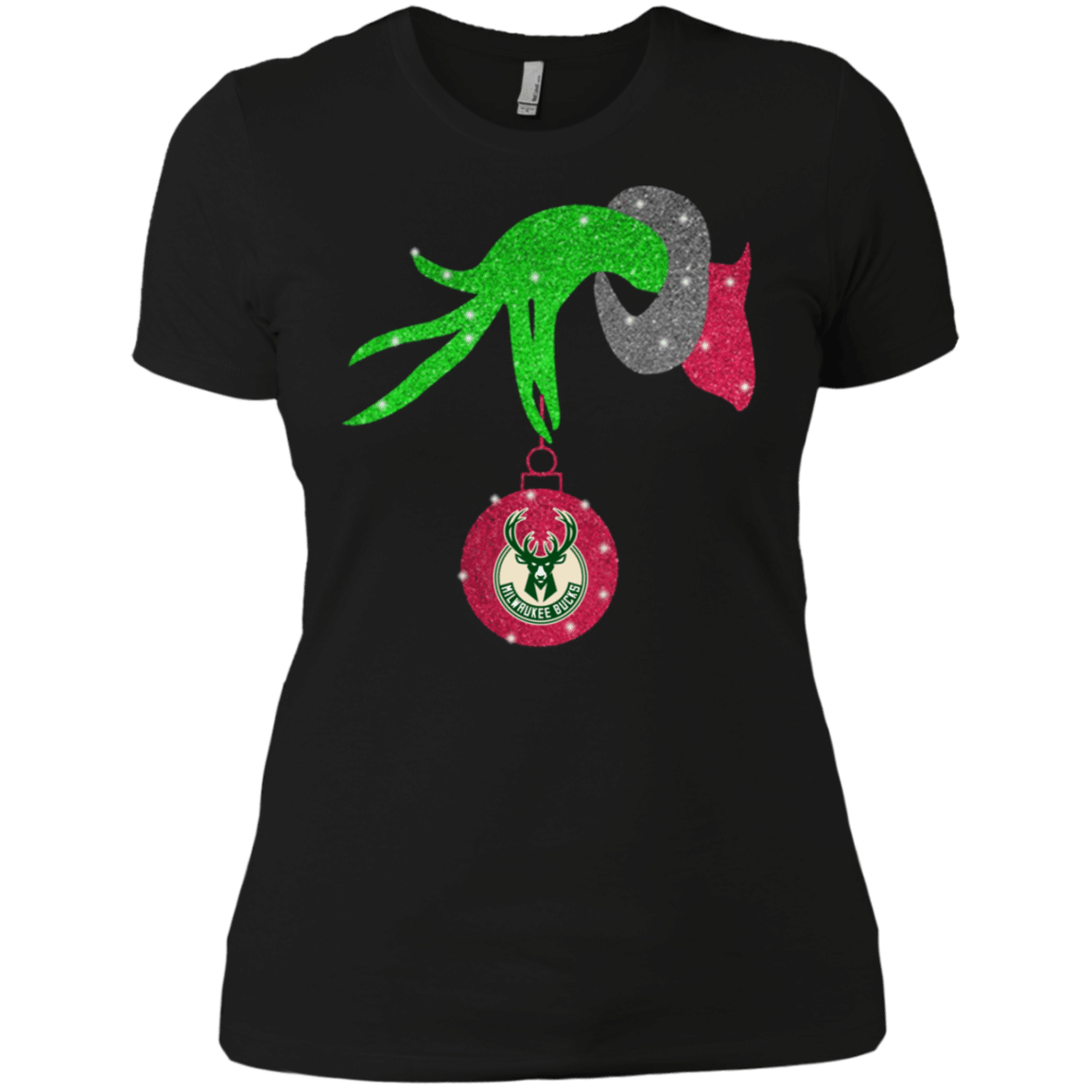 Check Out This Awesome Grinch Hand Holding Milwaukee Bucks Glitter Christmas Shirt Ladies’ Boyfriend Shirt