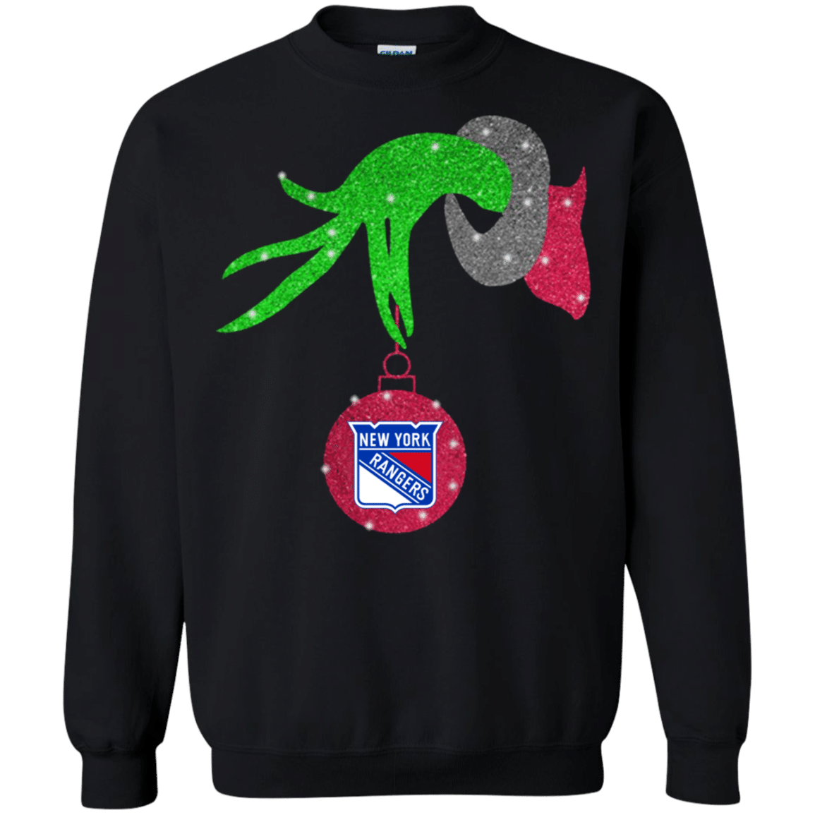 Check Out This Awesome Grinch Hand Holding New York Rangers Glitter Christmas Shirt Sweatshirt