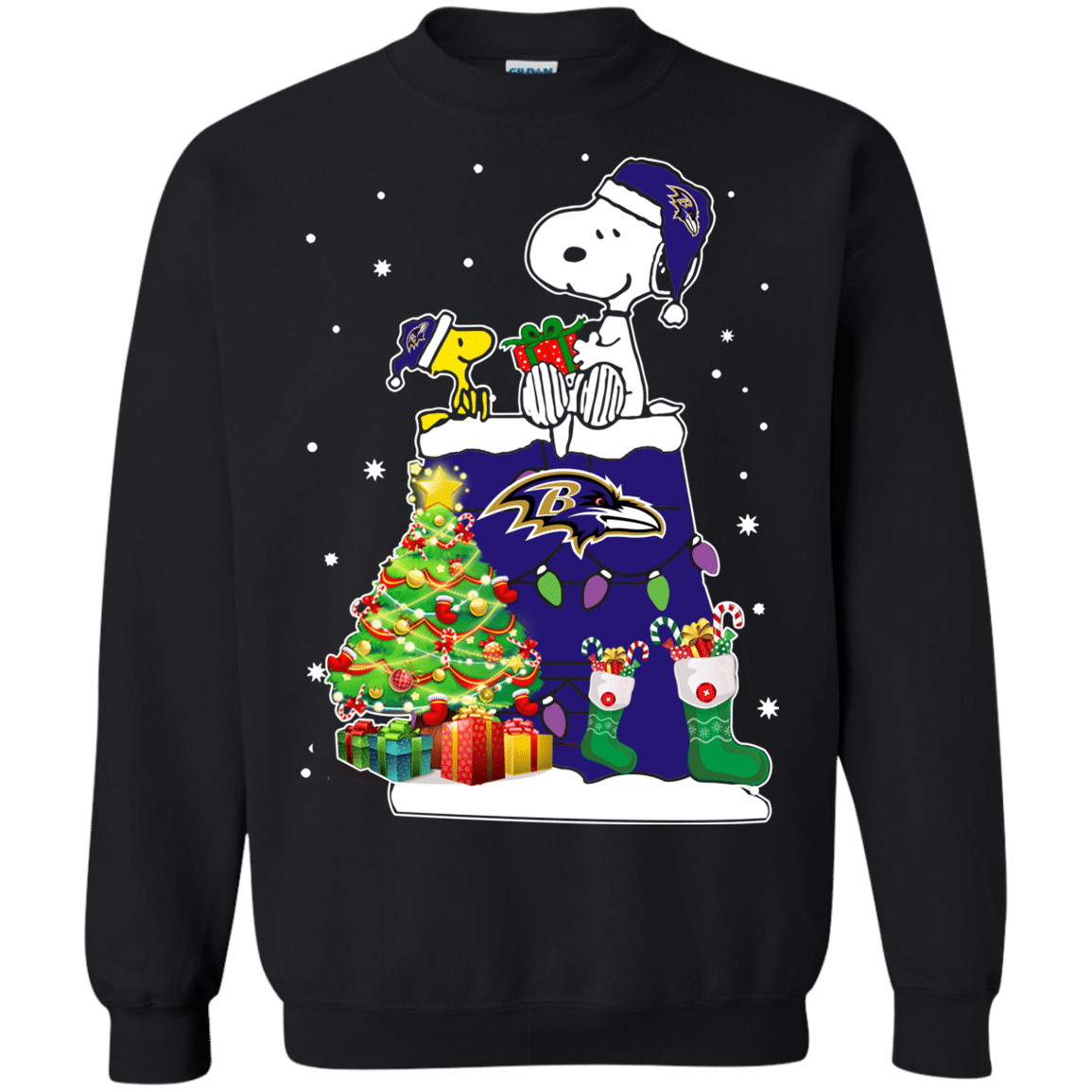 Check Out This Awesome Baltimore Ravens Snoopy & Woodstock Christmas Shirt G180 Gildan Crewneck Pullover Sweatshirt 8 Oz.