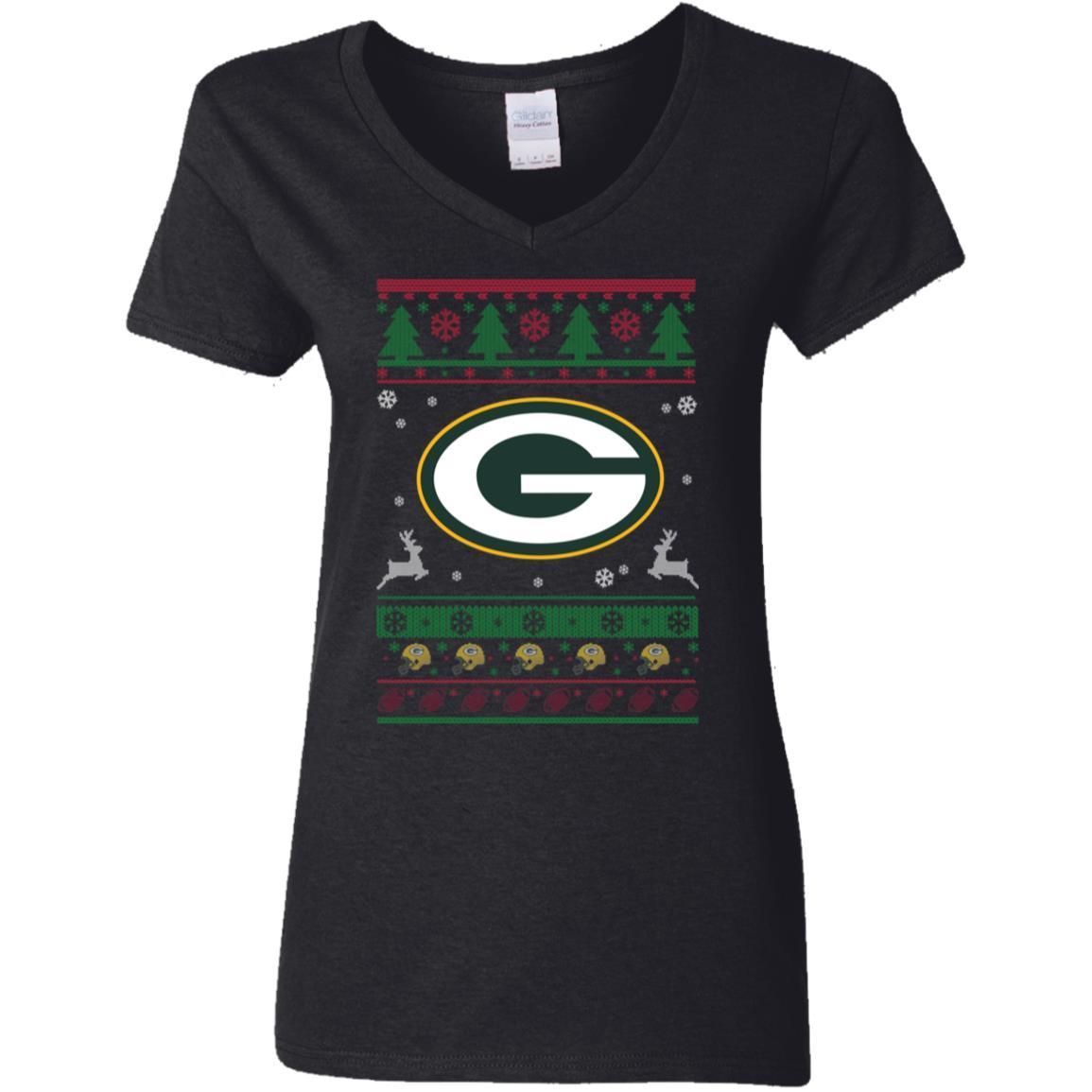 Green Bay Packers Logo Football Teams Ugly Christmas Sweater Women V-Neck T-Shirt