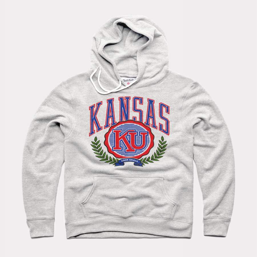 Kansas Jayhawks Rock Chalk Foliage Vintage Ash Grey Hoodie Sweatshirt