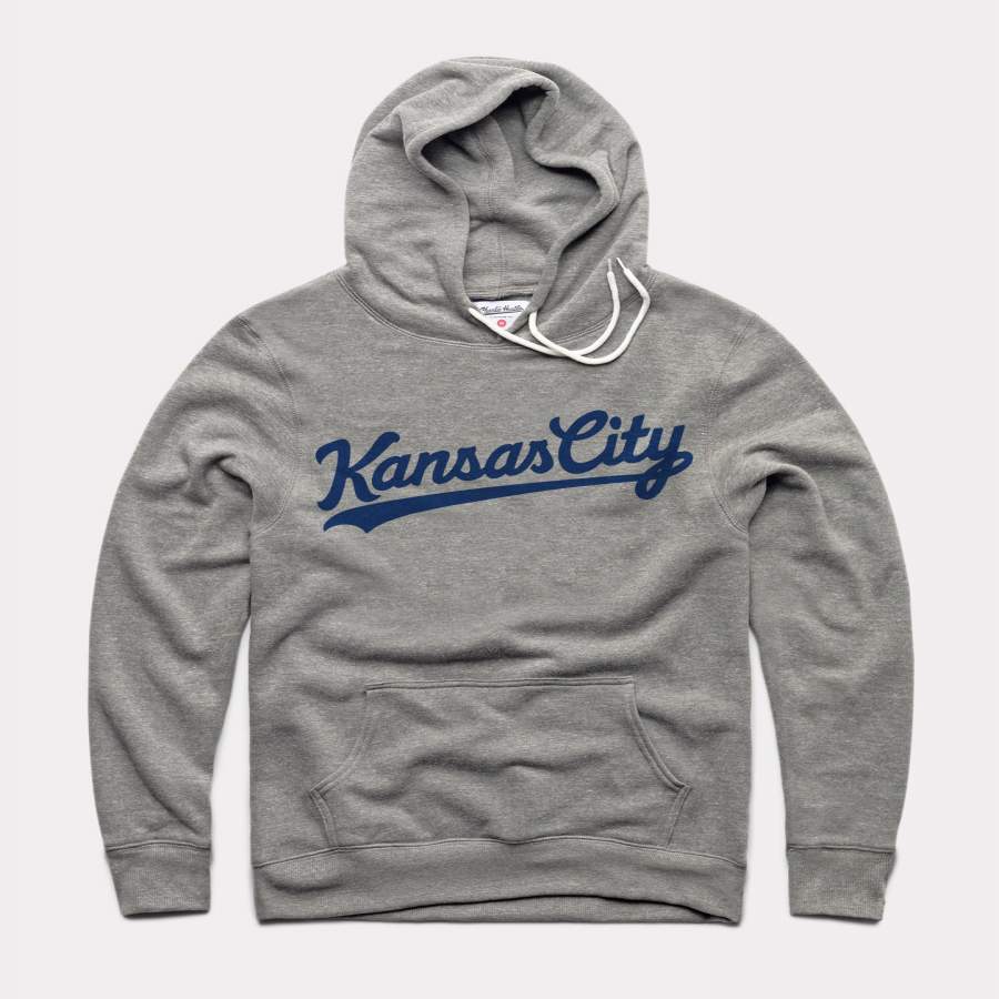 Grey & Navy Blue Kansas City Script Vintage Hoodie Sweatshirt