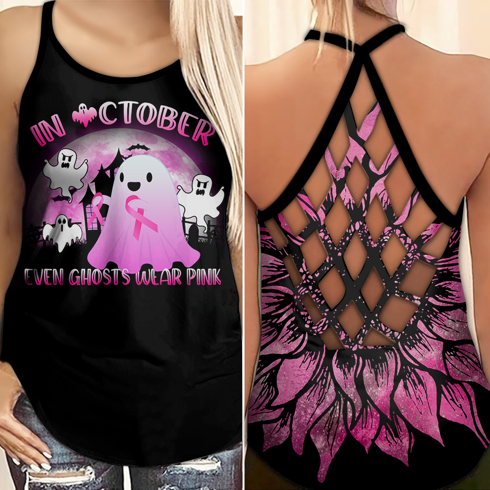 Breast Cancer Awareness Criss Cross Tank Top Summer: In October Even Ghosts Wear Pink