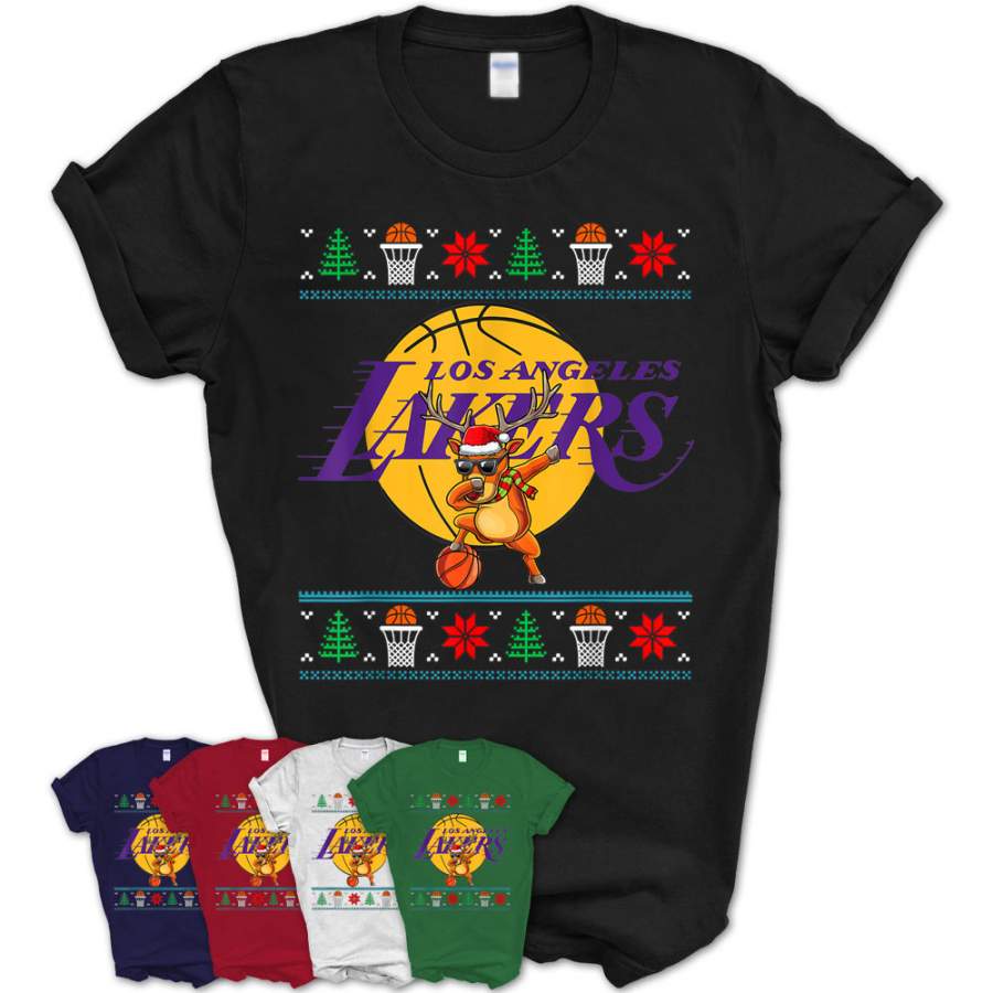 Dabbing Reindeer Ugly Christmas Basketball Los Angeles-Laker T-Shirt