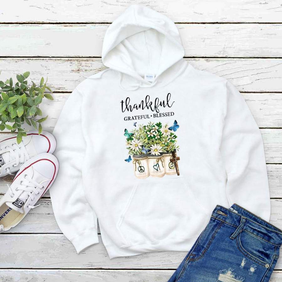 Florial thankful grateful blessed butterfly hippie love and peace white hoodie for men and women S-5XL