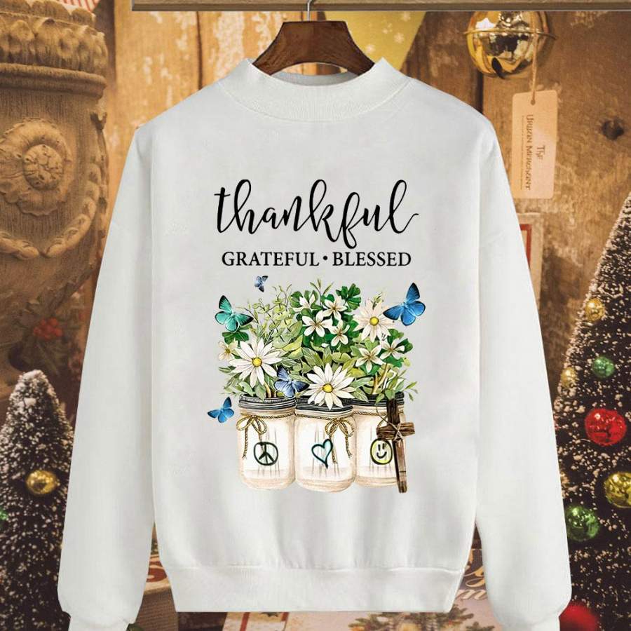 Florial thankful grateful blessed butterfly hippie love and peace white sweatshirt for men and women S-5XL