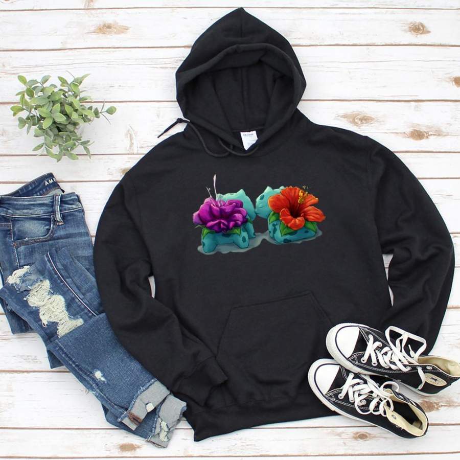 Bulbasaur and big bulba flower pokemon characters fan gift black hoodie for men and women S-5XL