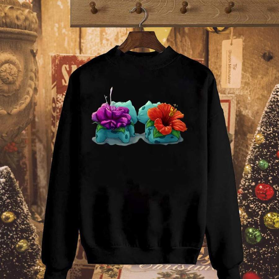 Bulbasaur and big bulba flower pokemon characters fan gift black sweatshirt for men and women S-5XL