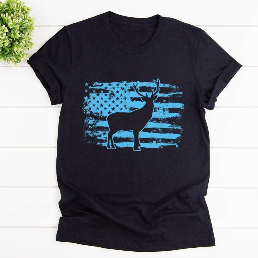 USA flah hunter hunting deer american flag black cotton t shirt for men and women S-6XL