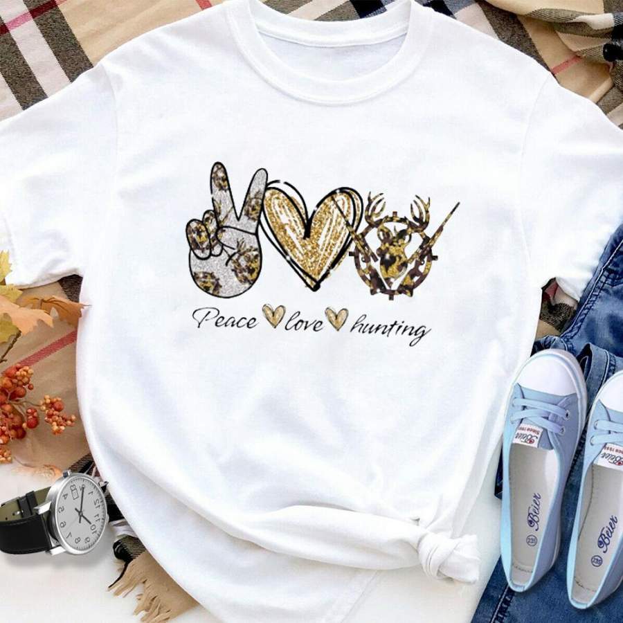 Deer hunting peace love hunting white cotton t shirt for men and women S-6XL