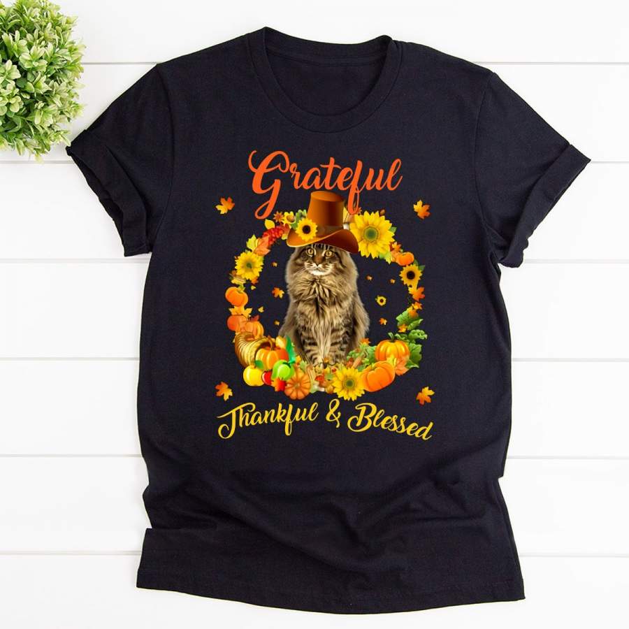 Cat grateful thankful & blessed halloween black cotton t shirt for men and women s-6xl