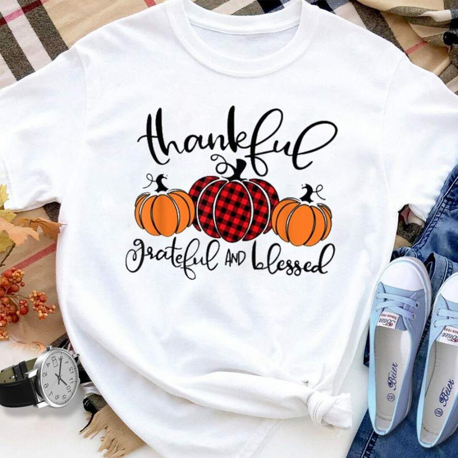 Thankful grateful and blessed pumpkin fall Thanksgiving day white cotton t shirt for men and women S-6XL