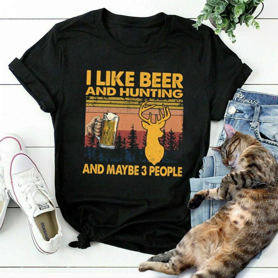 I like beer and hunting may be 3 people vintage black cotton t shirt for men and women S-6XL