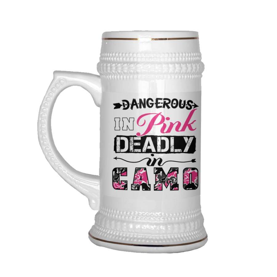 22 oz Ceramic Beer Stein Mug Womens Hunting Dangerous In Pink Deadly In Camo